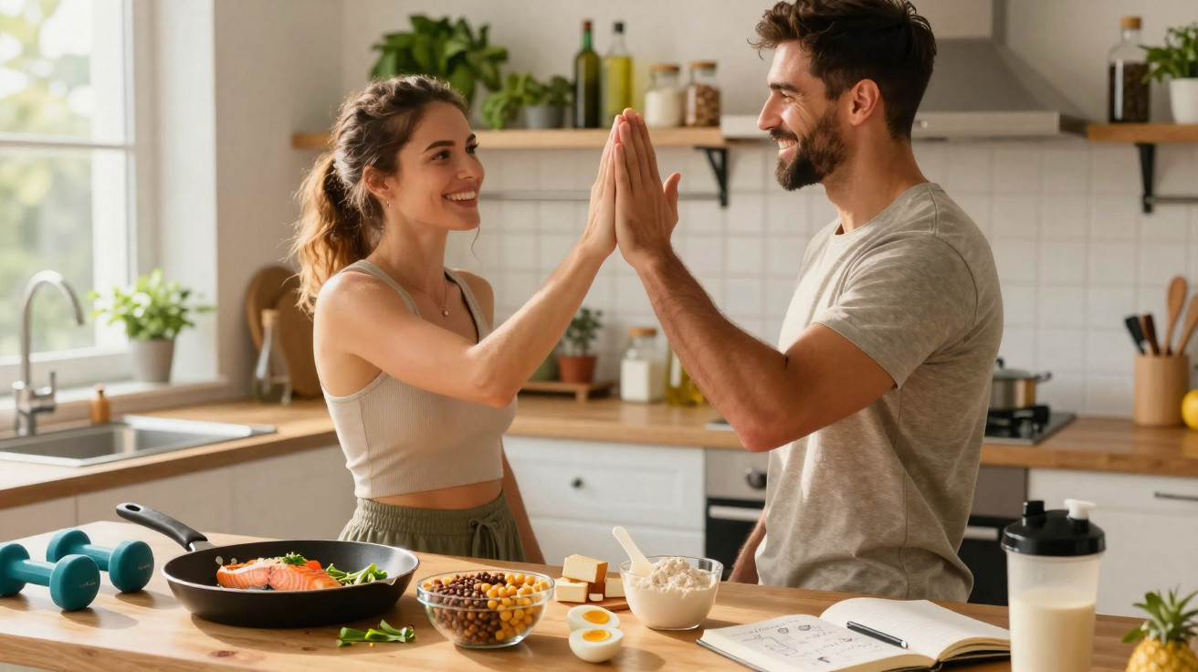 Casal feliz a dar um high five na cozinha, com comida saudável e pesos ao lado.