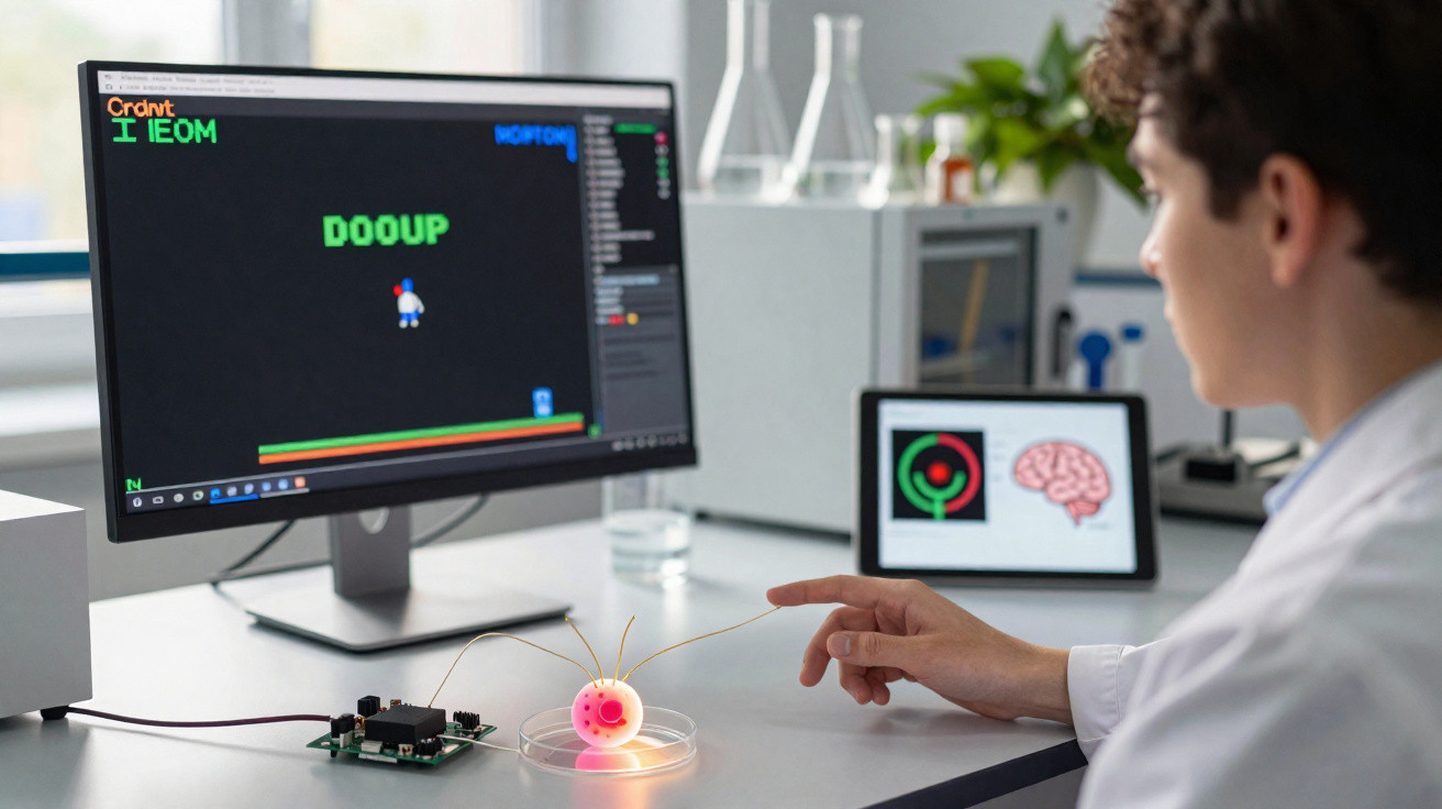 Cientista num laboratório interagindo com modelo de cérebro ligado a circuitos eletrónicos e ecrã com palavra DOOM.