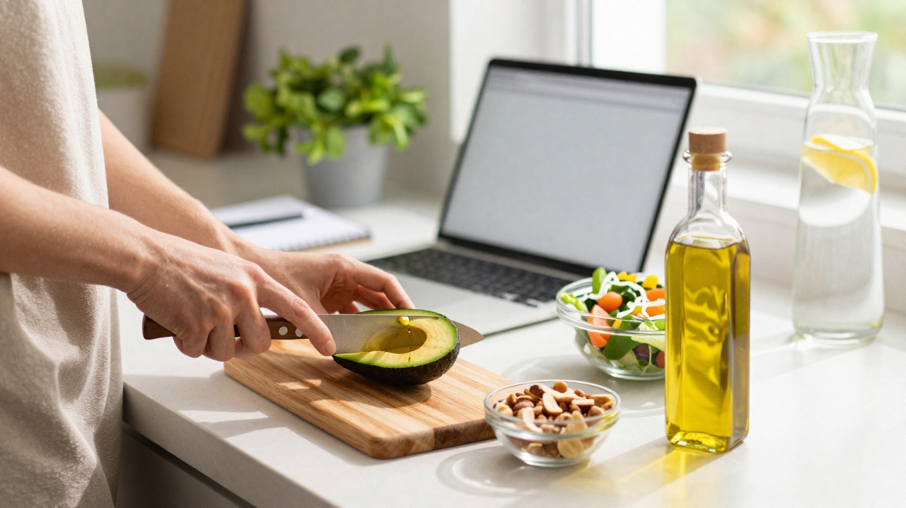Pessoa a cortar um abacate ao meio numa bancada de cozinha com laptop, frutos secos e azeite.