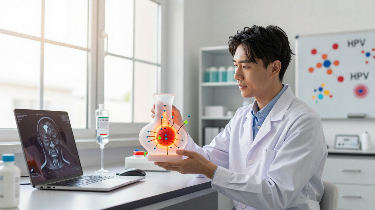 Médico a analisar modelo anatómico da coluna vertebral num consultório com computador e quadro ao fundo.