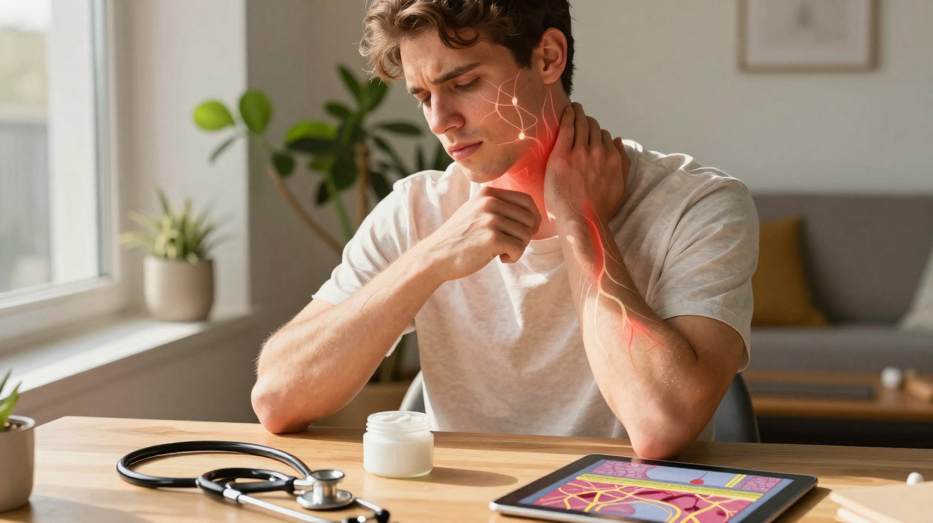 Homem com dor no pescoço sentado à mesa com tablet, estetoscópio e creme médico em ambiente iluminado.