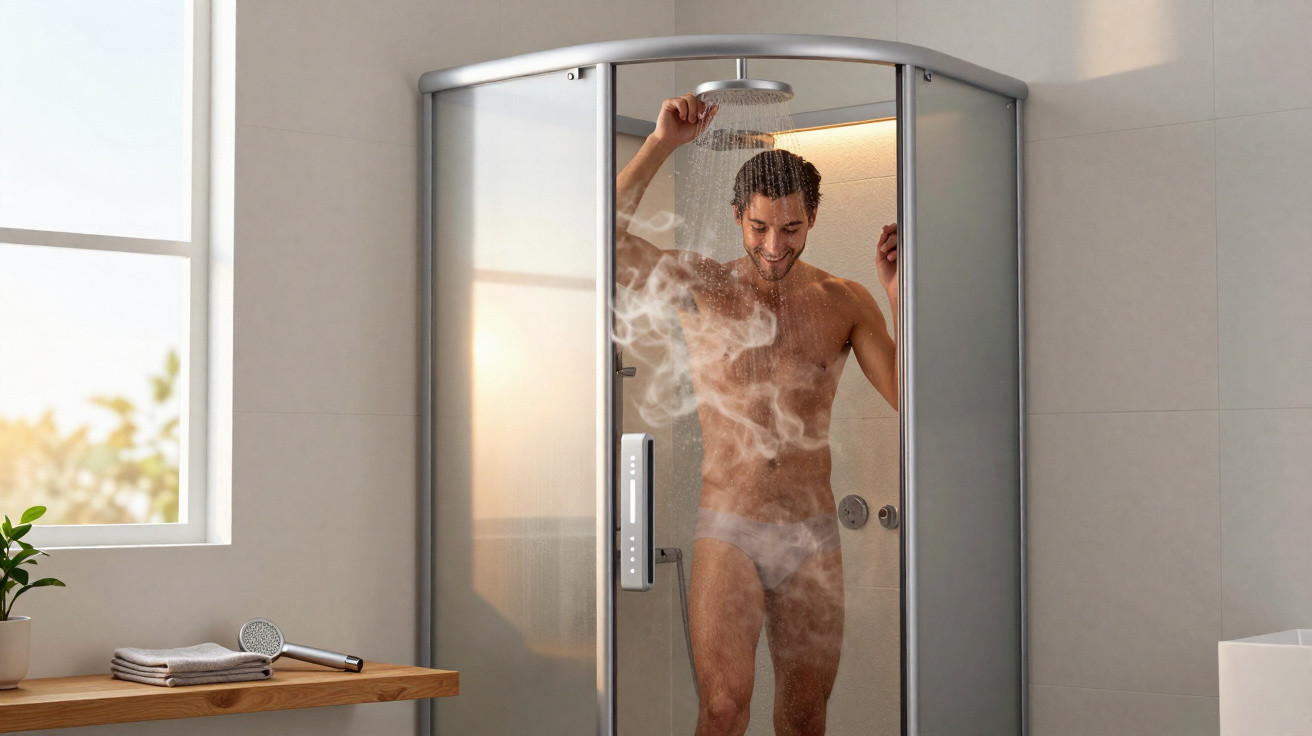 Homem a tomar duche quente numa cabine de duche de vidro com vapor, luz natural entra pela janela.