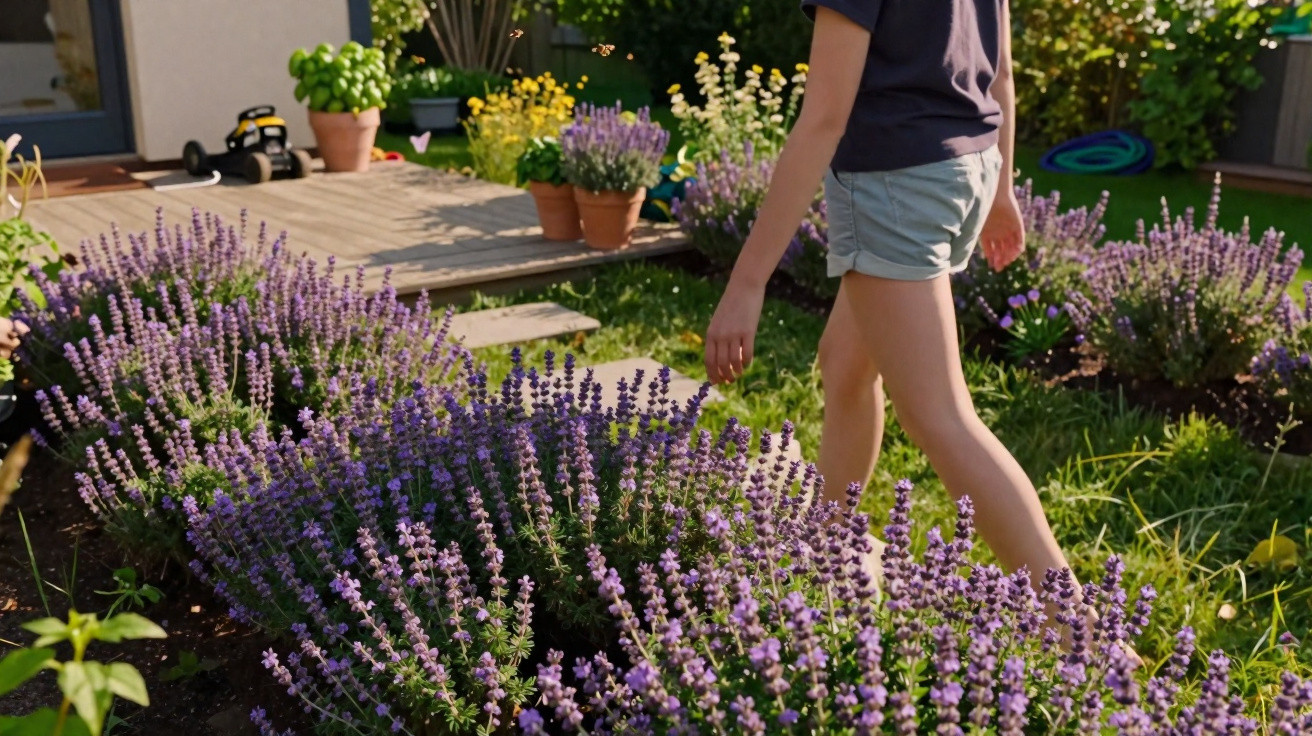 Pessoa descalça a caminhar num jardim com arbustos floridos cor de lilás perto de um alpendre com vasos.