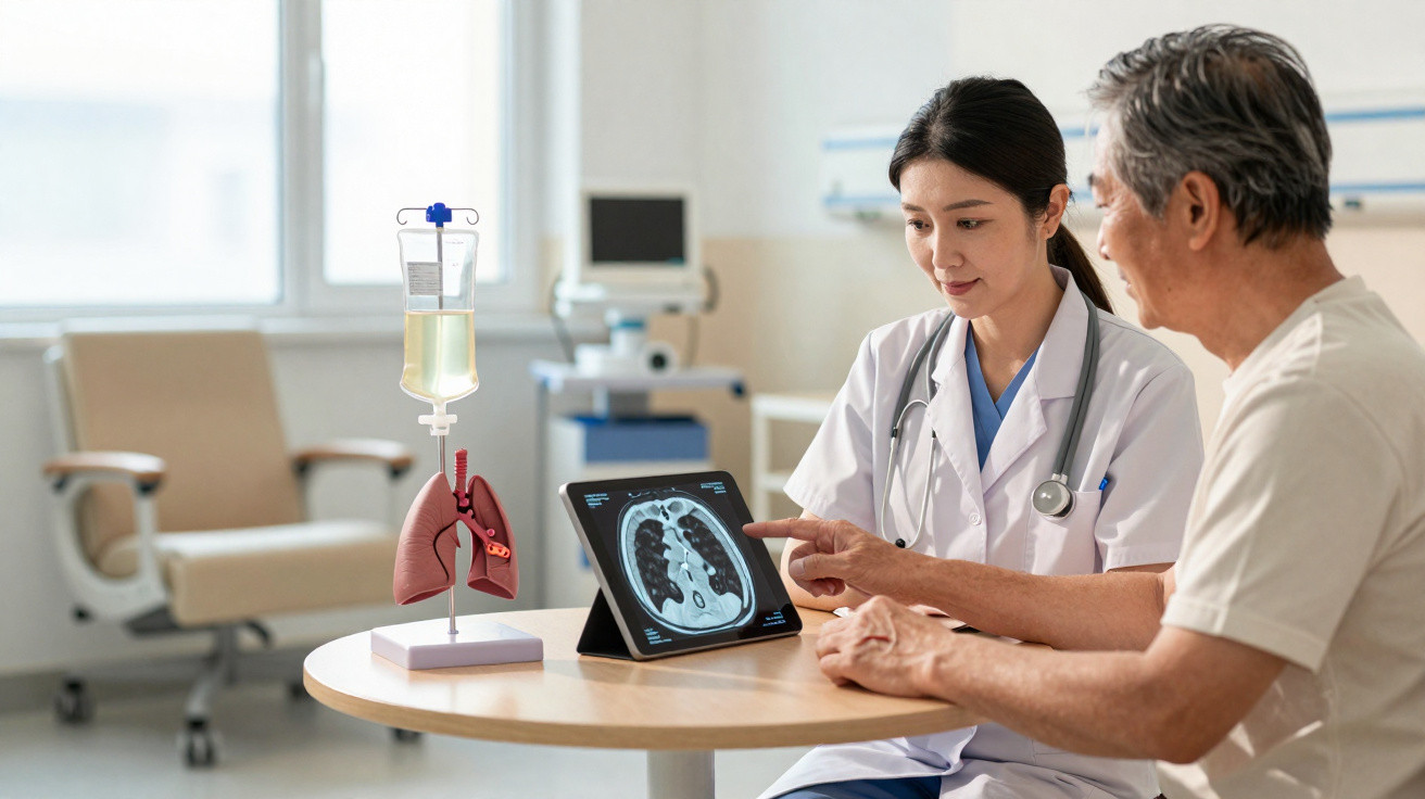 Médica explica resultados de radiografia de tórax a paciente numa consulta num consultório médico.