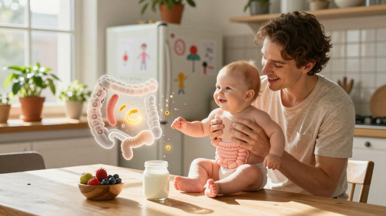Pai segurando bebé sorridente com ilustração de bactérias e intestinos na cozinha iluminada.