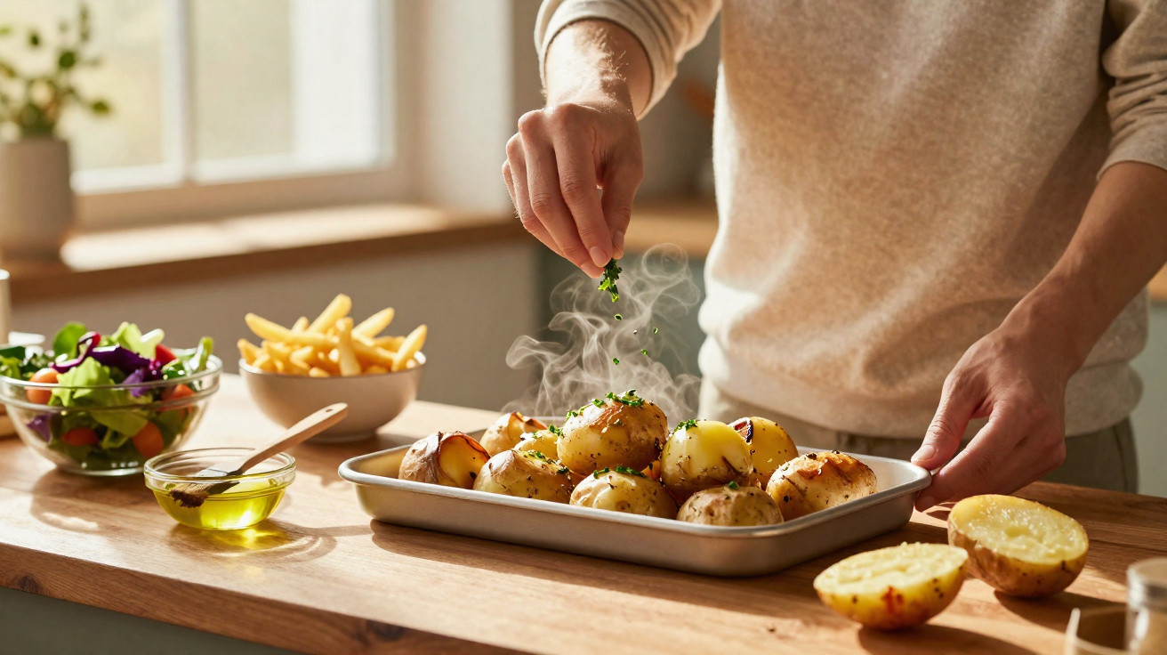 Pessoa a temperar batatas assadas numa bancada de cozinha com salada e molhos ao lado.