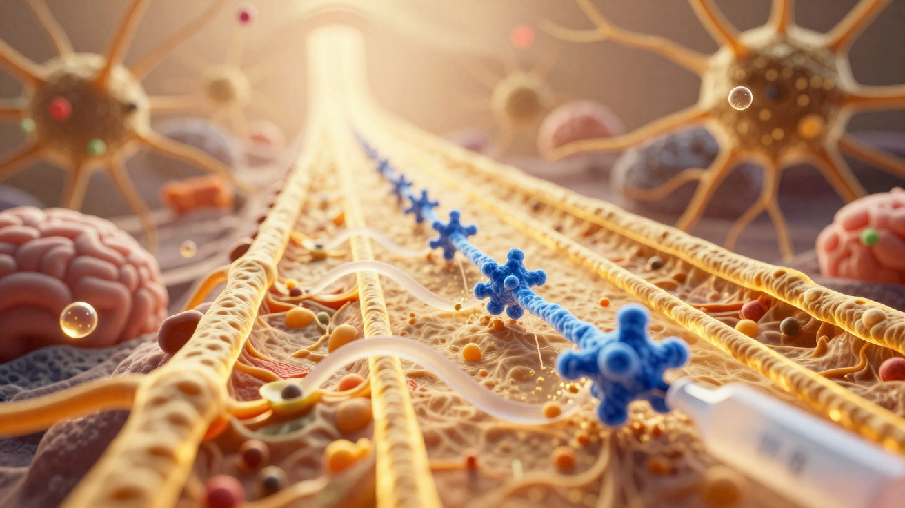 Visualização 3D de moléculas de ADN com agulha de pipeta para manipulação genética.