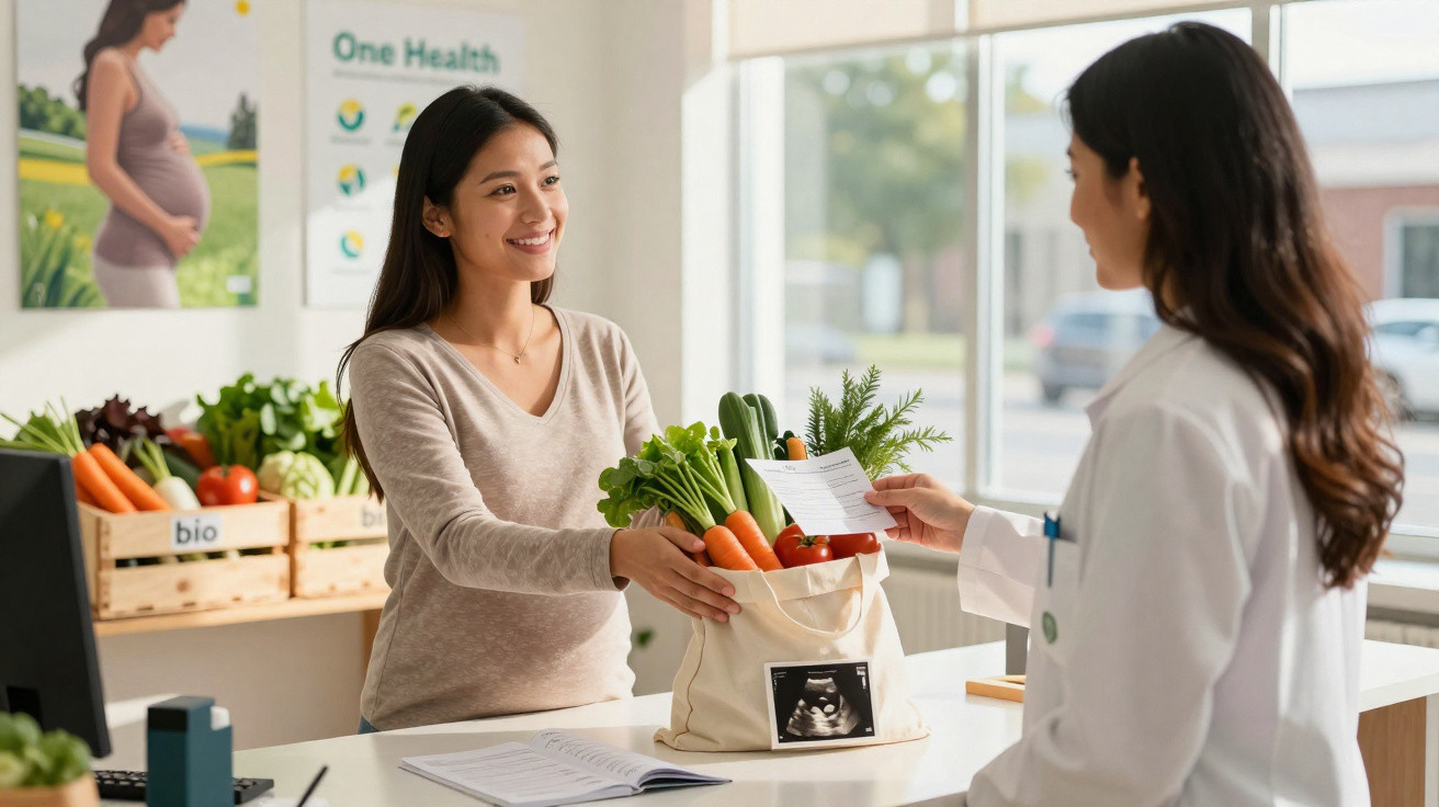 Mulher grávida recebe saco com legumes frescos e receita de médico numa consulta de nutrição.