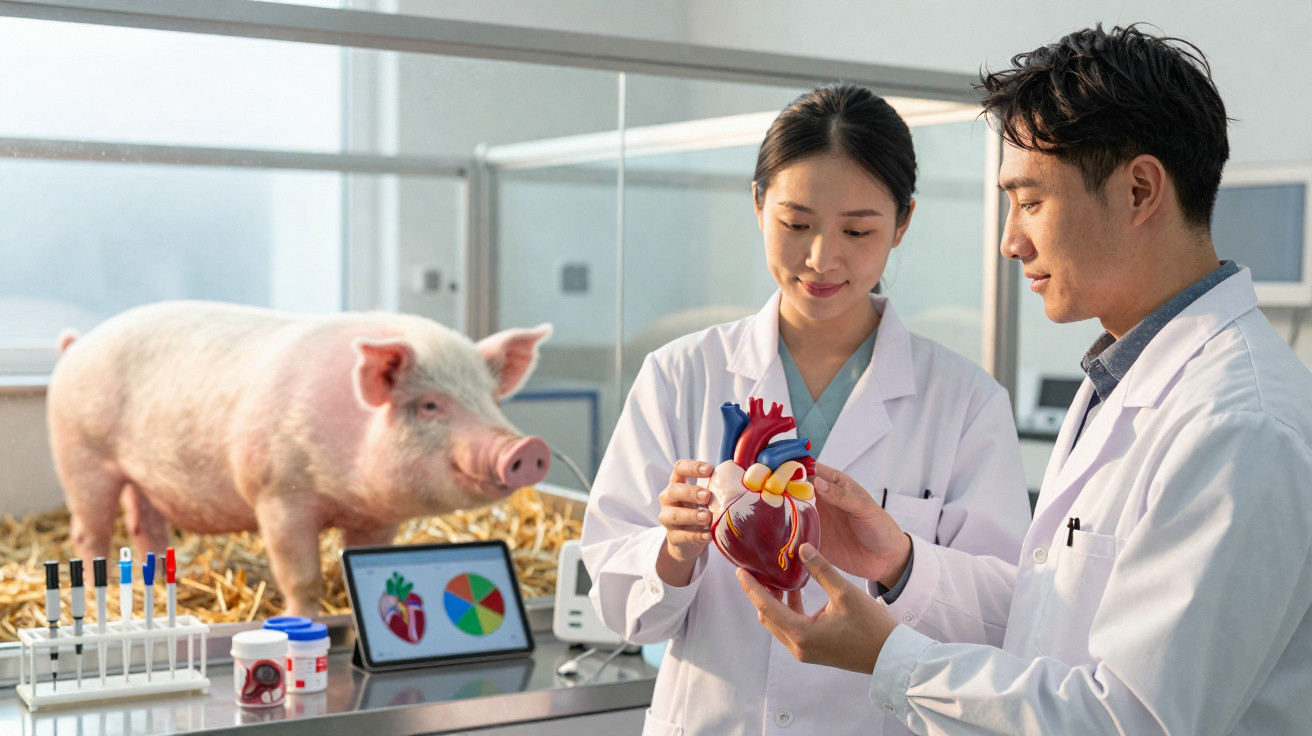 Dois cientistas em batas brancas analisam modelo anatómico de coração com porco num laboratório ao fundo.
