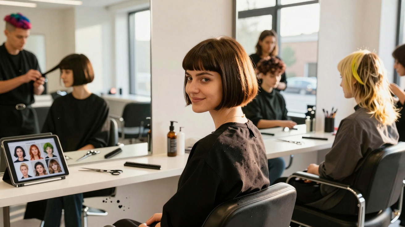 Mulher com cabelo curto e castanho sentado num salão de cabeleireiro com outras clientes e tablet com estilos de cabelo.