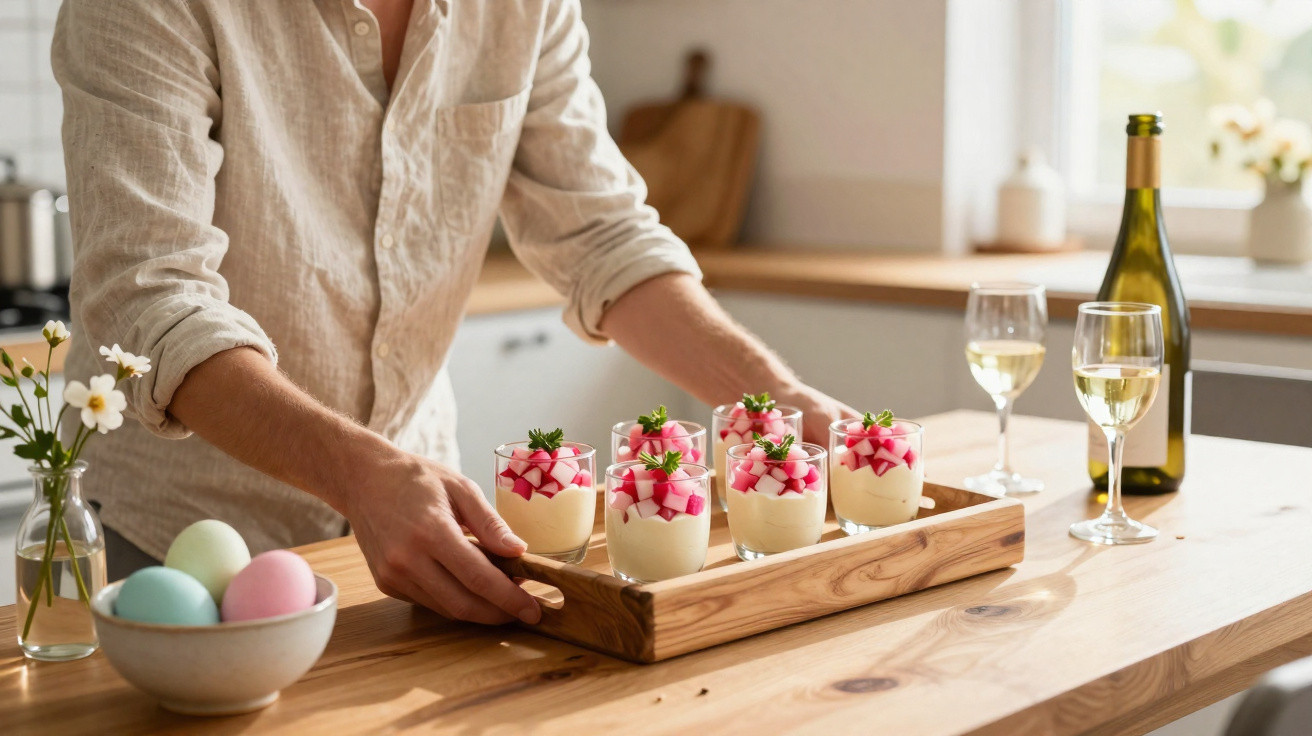 Pessoa a servir seis copos com sobremesa decorada com frutas e hortelã numa cozinha iluminada.