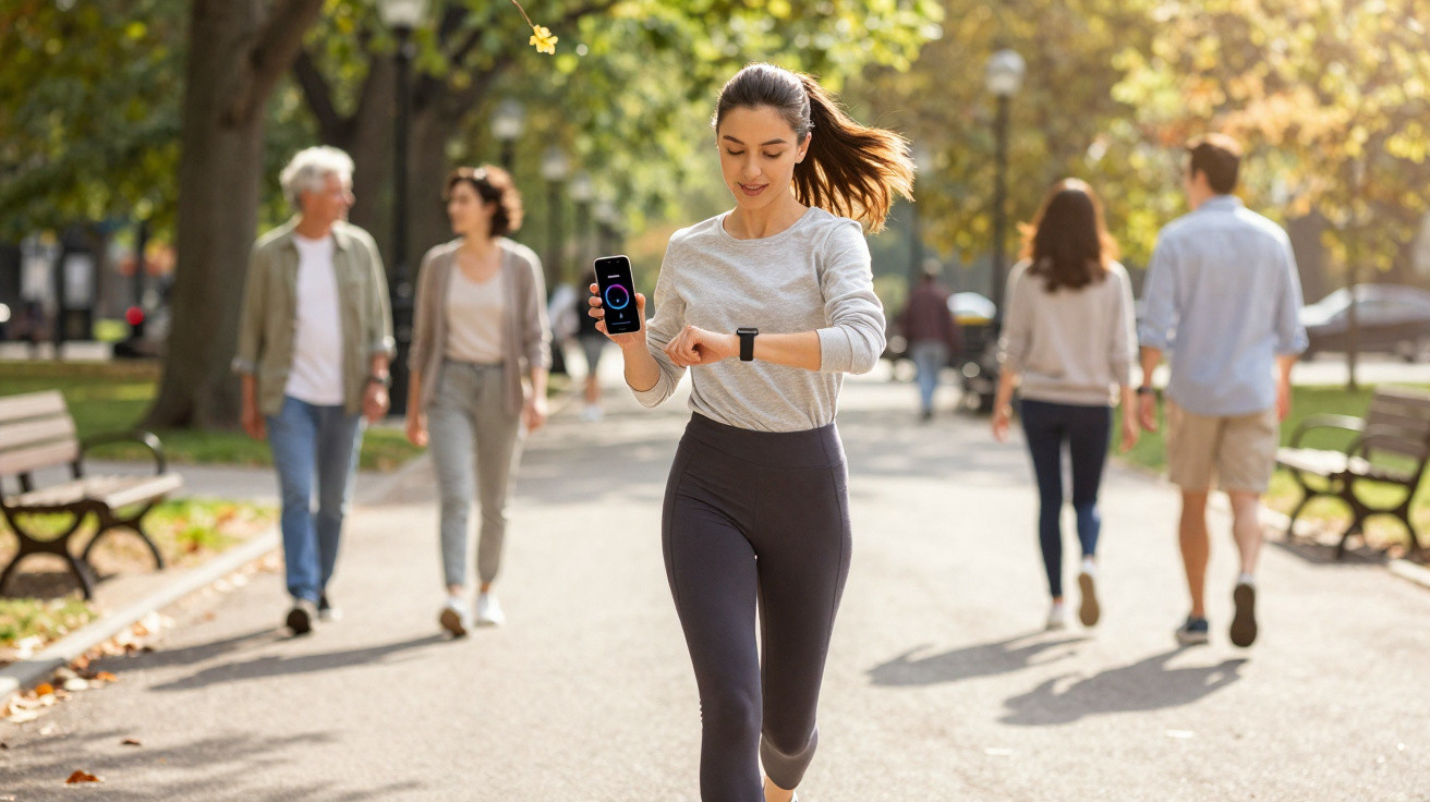 Mulher a correr num parque urbano enquanto verifica o relógio inteligente no pulso.