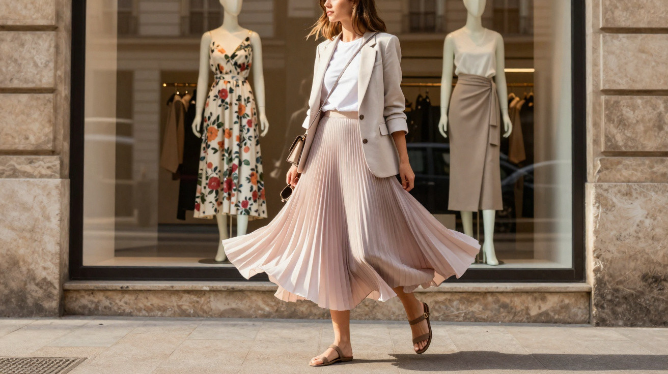 Mulher de saia plissada rosa, blazer bege e sandálias, em frente a montra com manequins vestidos.