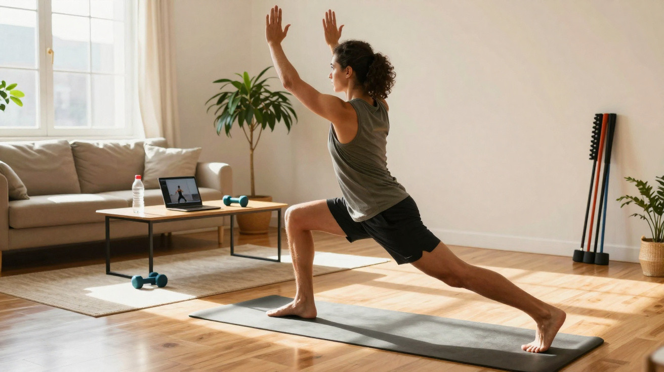 Mulher a fazer exercício de yoga no tapete da sala, com computador portátil aberto em frente.