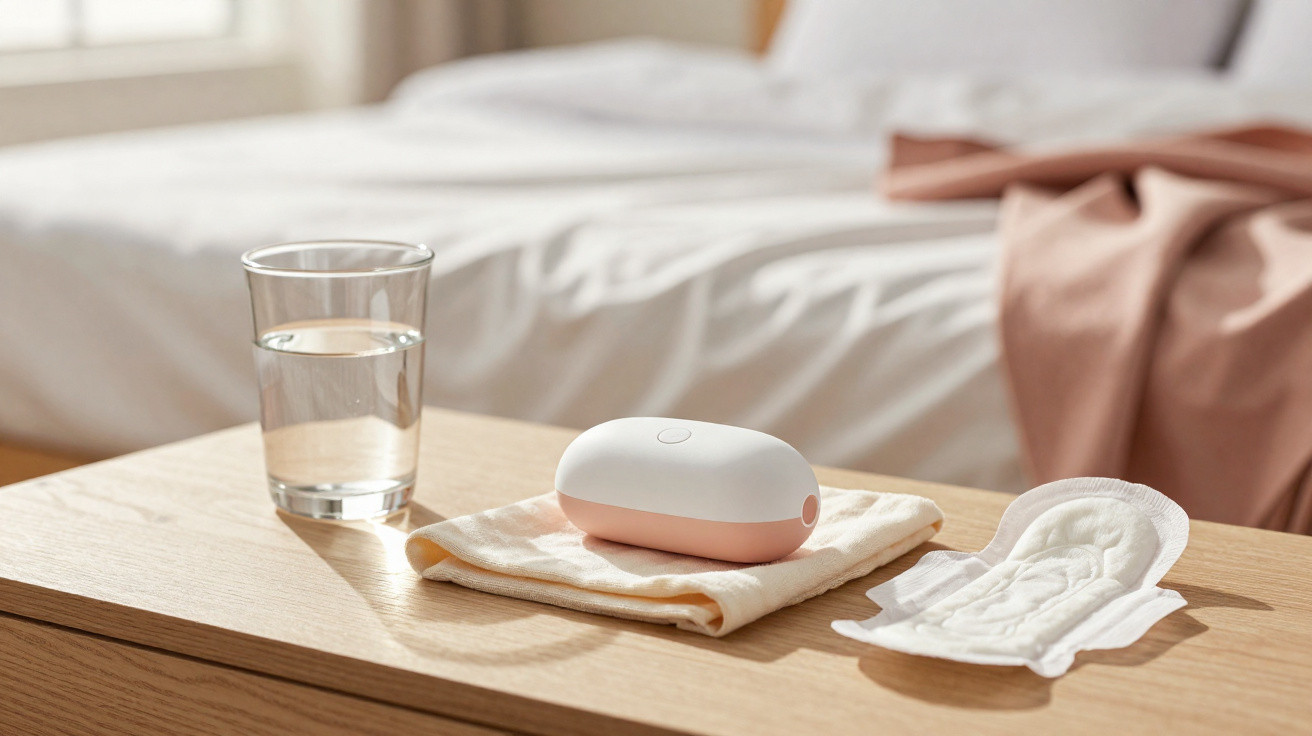 Nécessaire de higiene feminina, copo de água e dispositivo branco com botão cor de rosa numa mesa de cabeceira.