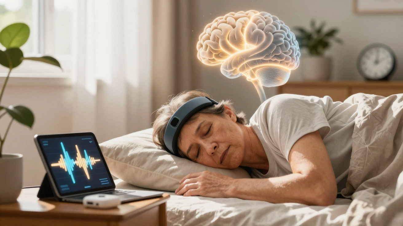 Mulher idosa a dormir com dispositivo na cabeça e imagem gráfica de cérebro iluminado em fundo de quarto.