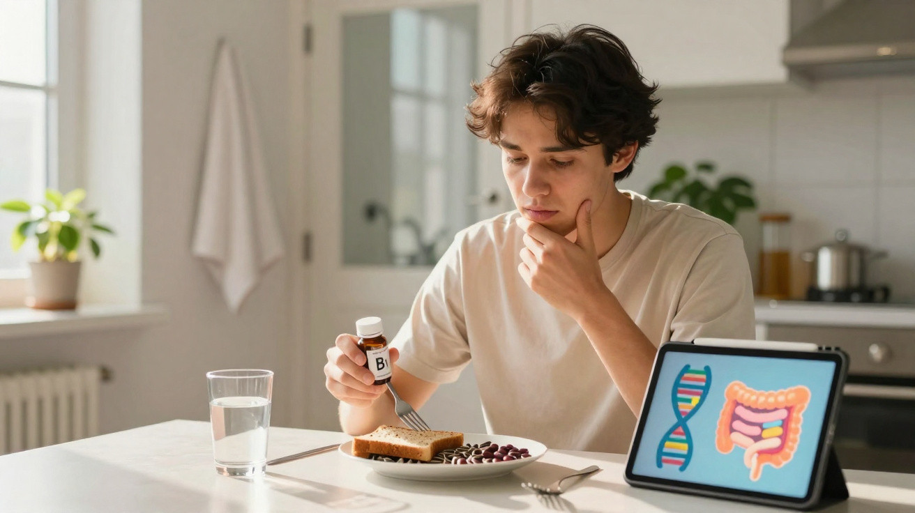 Jovem sentado à mesa a juntar cápsulas a pão com garfo, com copo de água e tablet a mostrar intestinos.
