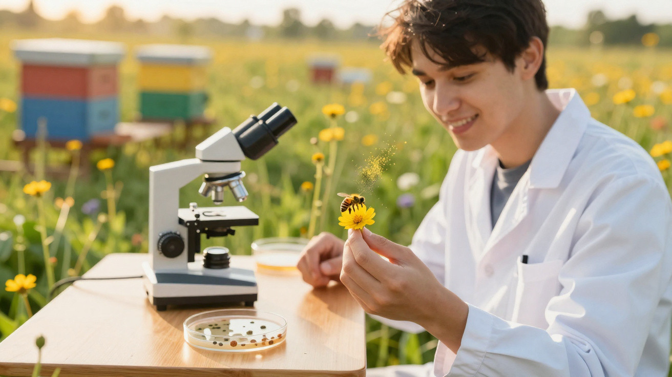 Pessoa em bata branca a analisar flor amarela com abelha perto de microscópio num campo florido.