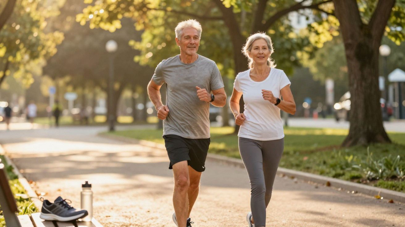 Casal sénior a correr no parque ao amanhecer, vestido com roupa desportiva e sorrindo.