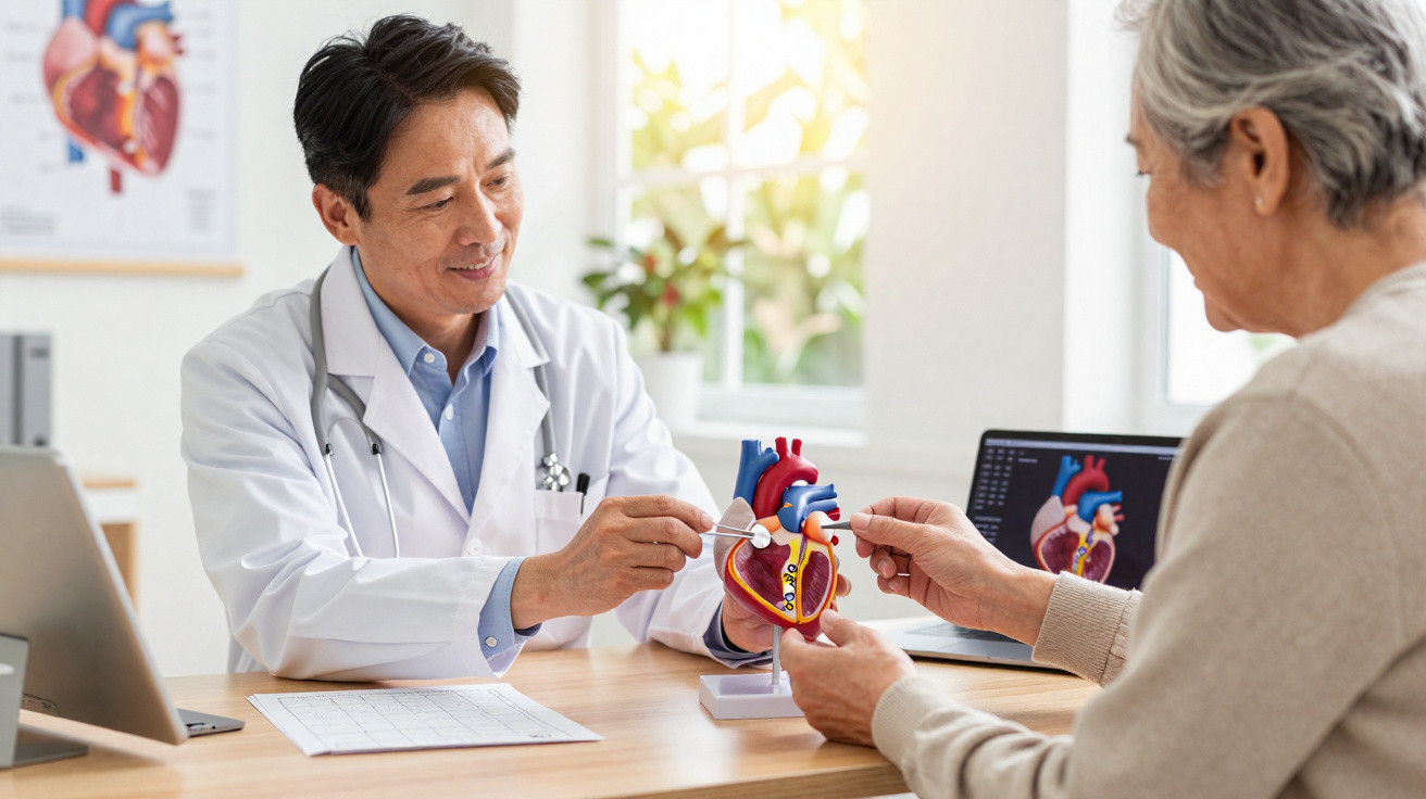 Médico a explicar o funcionamento do coração a uma paciente usando um modelo anatómico e uma tabela digital.