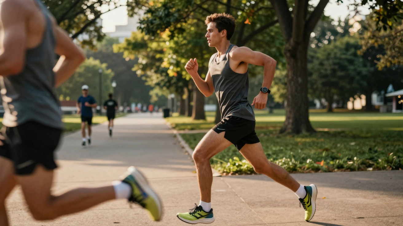 Jovens a correr num parque ao ar livre com árvores e luz solar suave ao fundo.