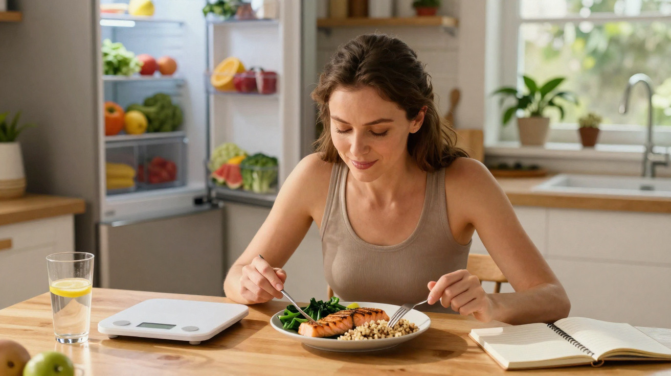Mulher a sorrir enquanto come salmão grelhado com legumes numa cozinha moderna e iluminada.