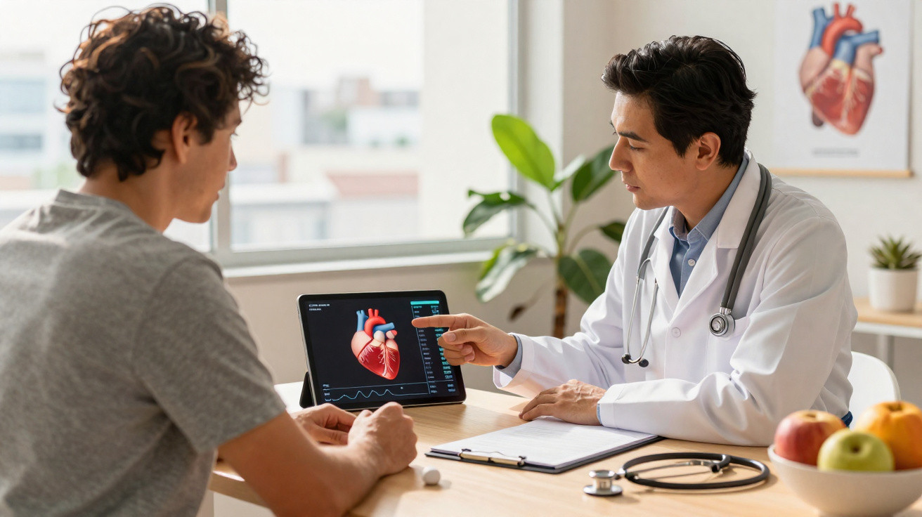 Médico explica a paciente resultados de eletrocardiograma num tablet numa consulta de cardiologia.