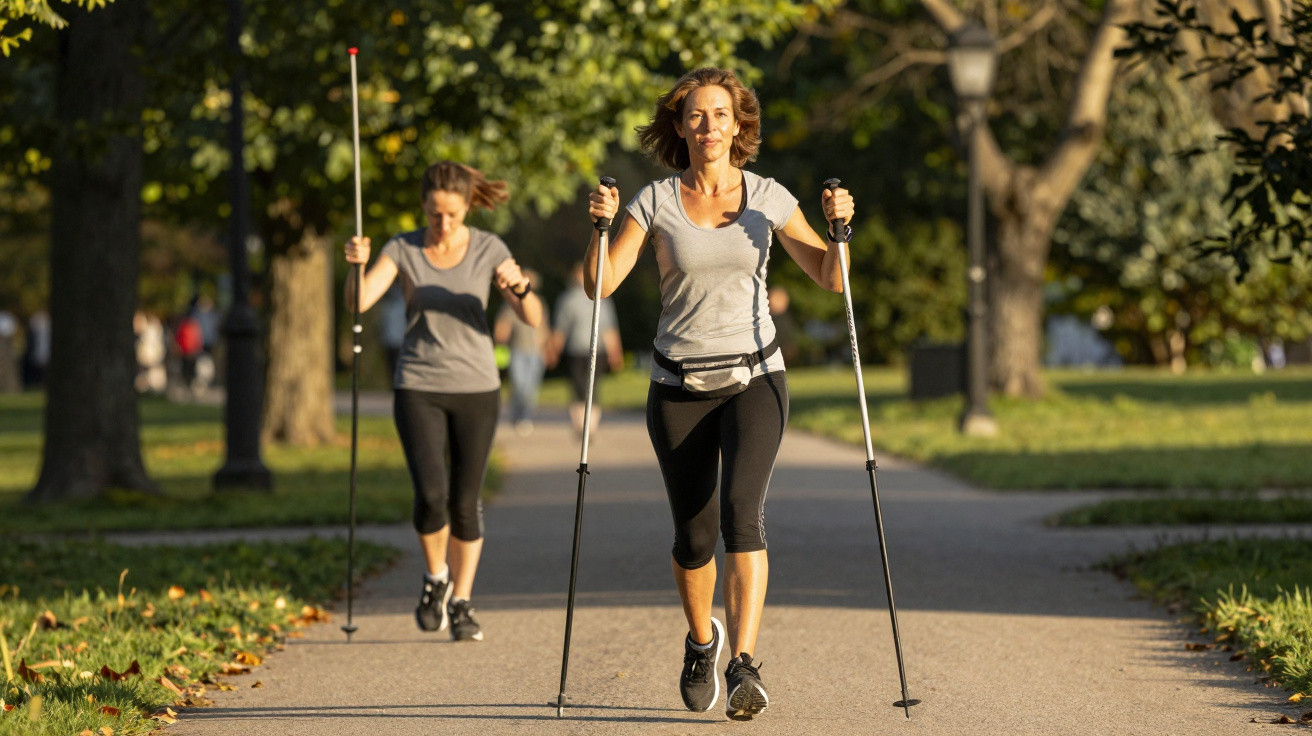 Duas mulheres a caminhar com bastões de trekking num parque, num dia soalheiro de outono.