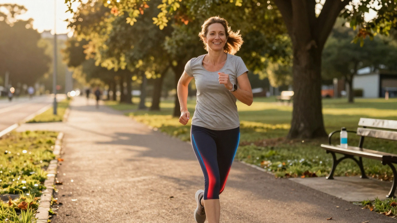 Mulher a correr num parque ensolarado, com roupa desportiva e expressão determinada.