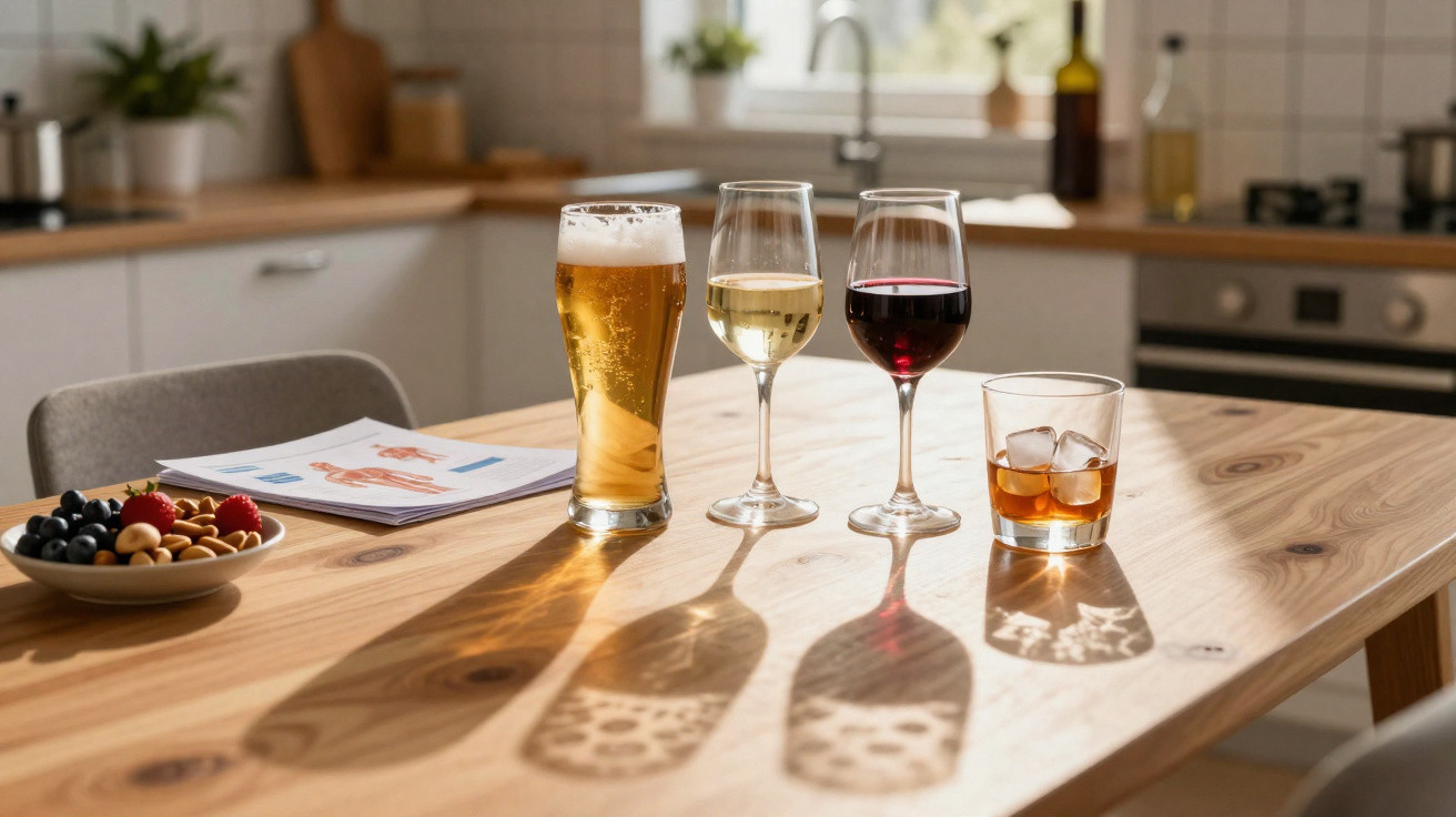 Mesa de cozinha com copos de cerveja, vinho branco, vinho tinto, bebida com gelo e tigela de frutos vermelhos.