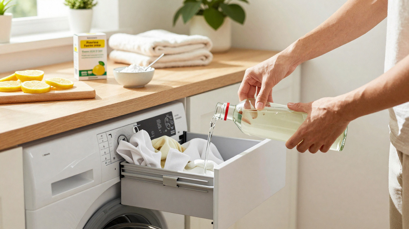 Pessoa a verter líquido de limpeza natural numa máquina de lavar roupa numa cozinha moderna e iluminada.