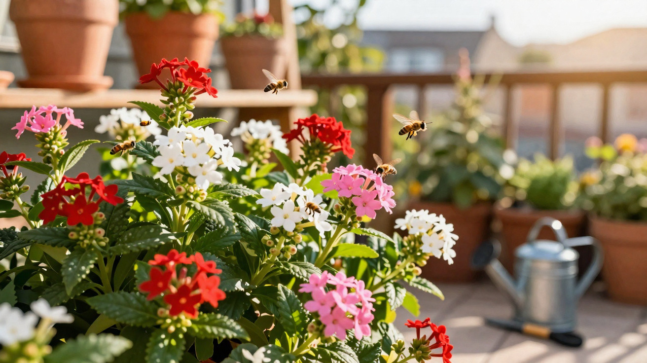 Flores vermelhas, brancas e rosa com uma borboleta e abelhas num terraço ensolarado com plantas em vasos.