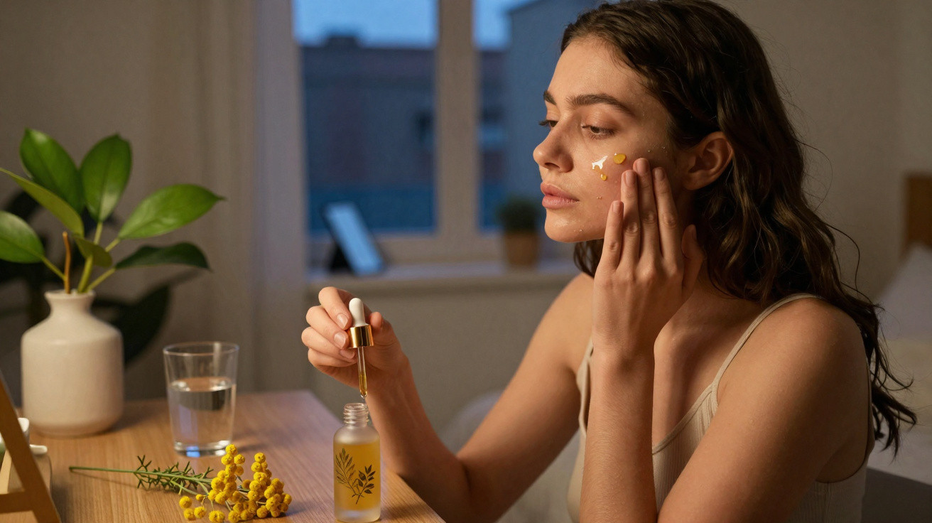 Mulher a aplicar sérum facial numa noite tranquila, sentada à mesa com planta e copo de água.