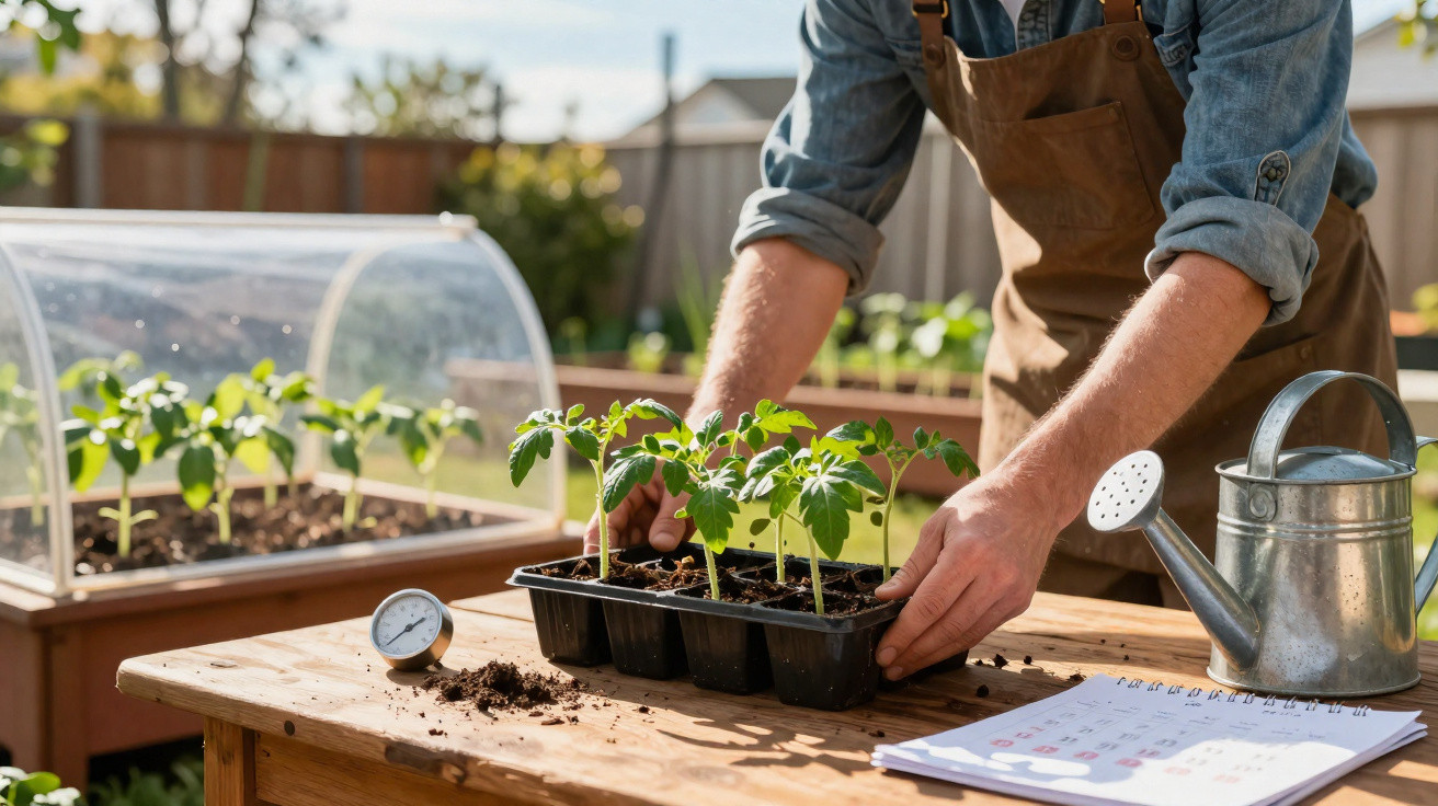 Pessoa a plantar rebentos de tomate numa mesa de madeira numa horta caseira com regador e caderno ao lado.