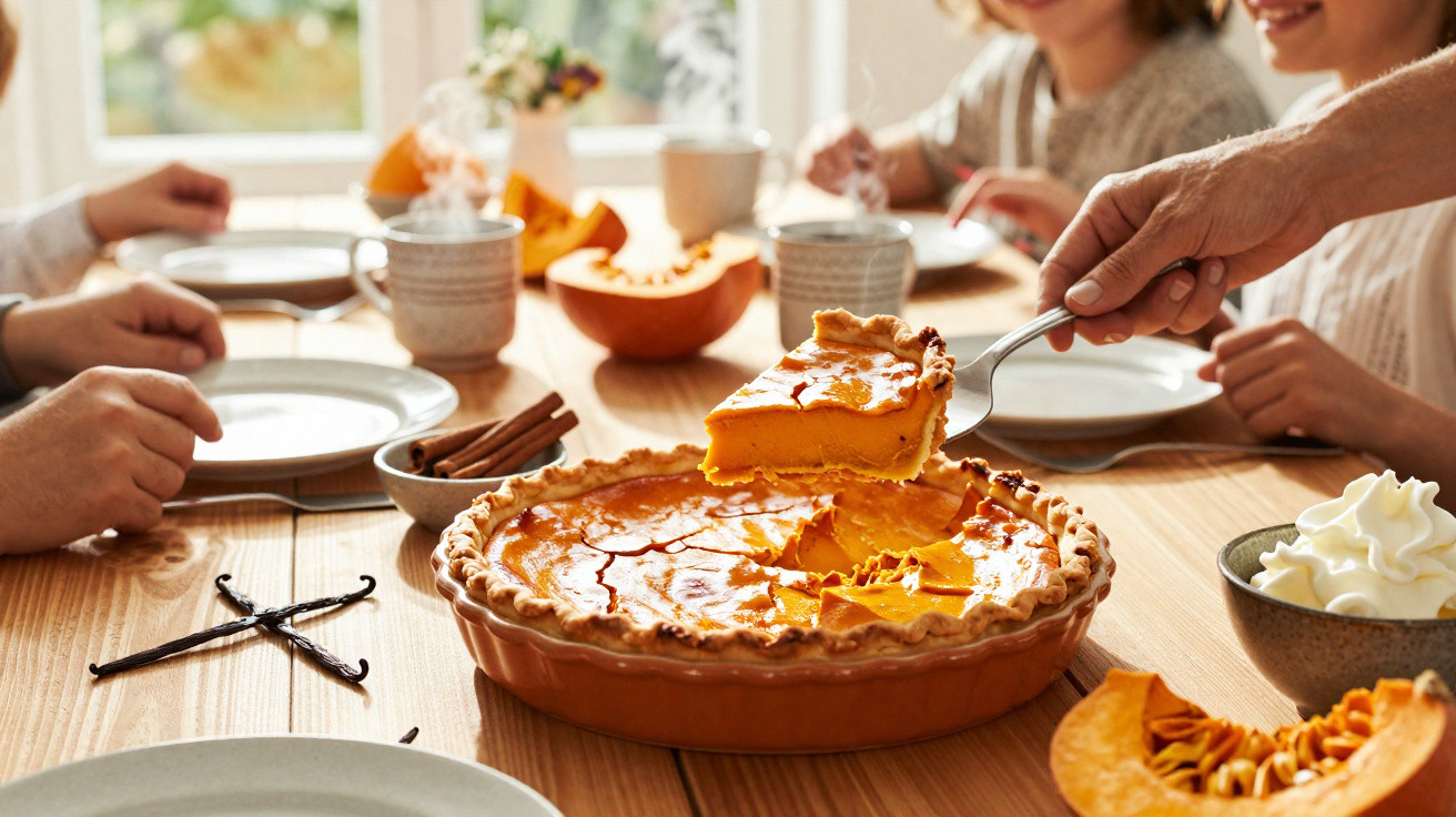 Tarte de abóbora caseira numa mesa com várias pessoas a servir e beber bebidas quentes.