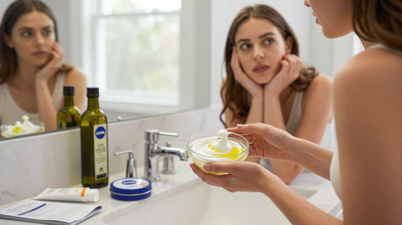 Mulher a preparar máscara facial caseira com ingredientes naturais no banheiro, espelho ao fundo.