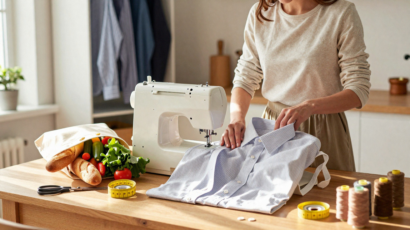 Mulher a coser uma peça de roupa numa máquina de costura com legumes numa mesa ao lado.