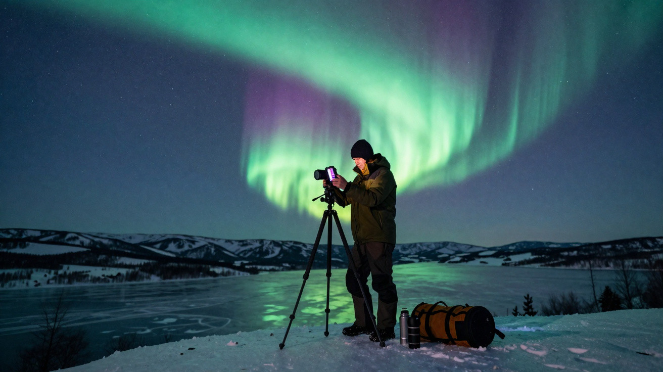 Pessoa a fotografar a aurora boreal numa paisagem nevada e montanhosa durante a noite.