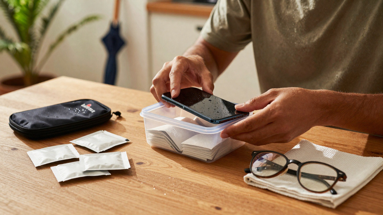 Pessoa mergulha smartphone num recipiente com sachês de limpeza numa mesa de madeira, com óculos ao lado.