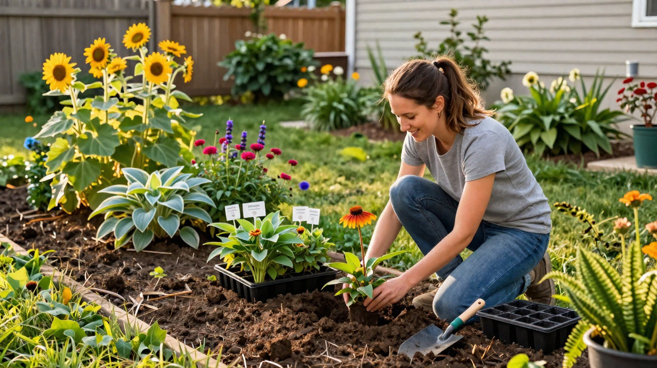 Mulher a cuidar de flores num jardim ensolarado, rodeada de girassóis e várias plantas coloridas.