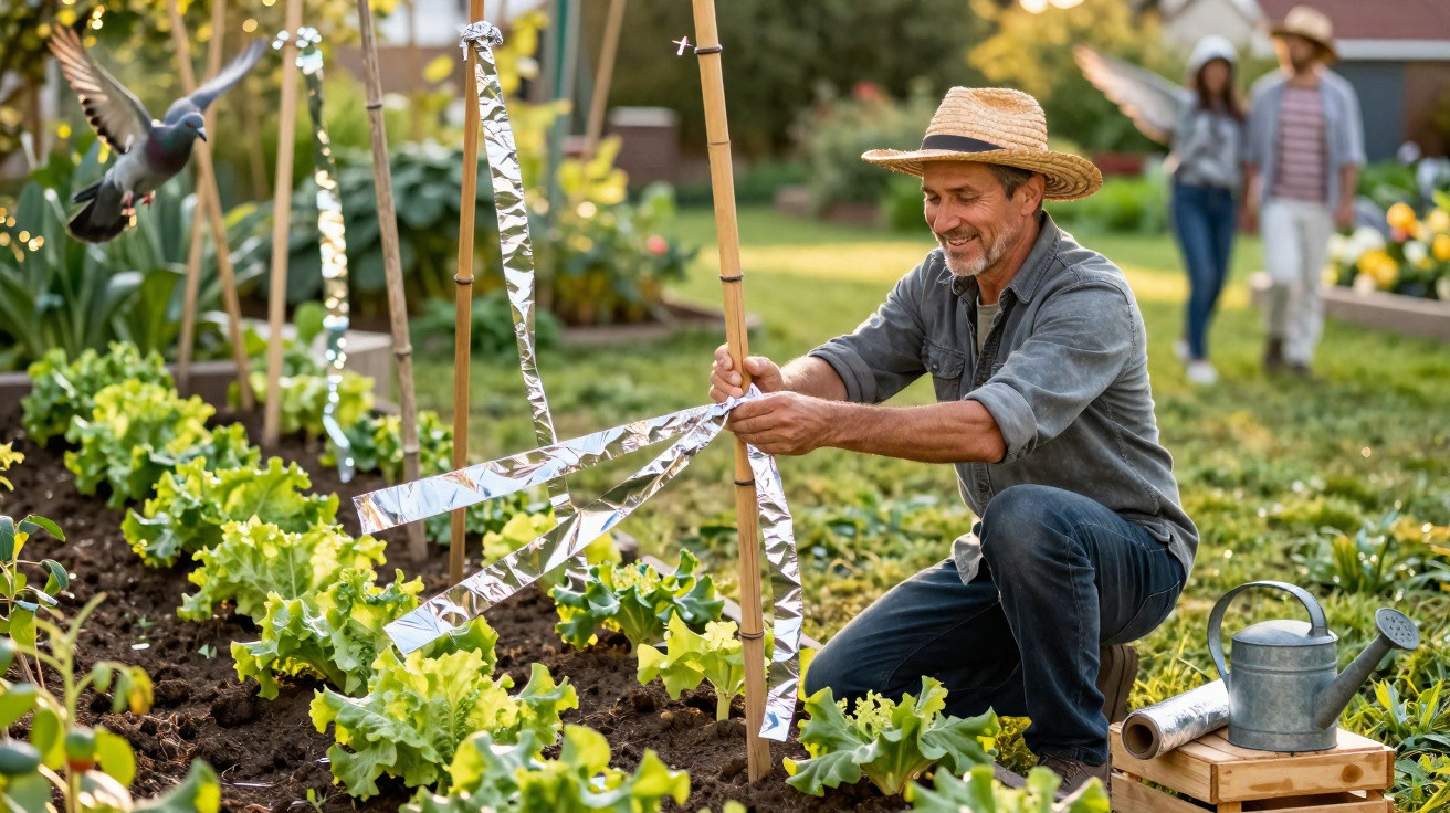 Homem com chapéu a montar espanta-pássaros num jardim com várias plantas e uma pomba a voar.