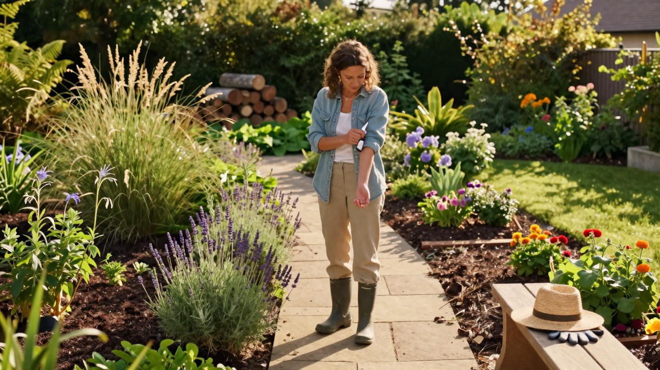 Mulher a preparar-se para trabalhar num jardim florido com botas e roupa casual.