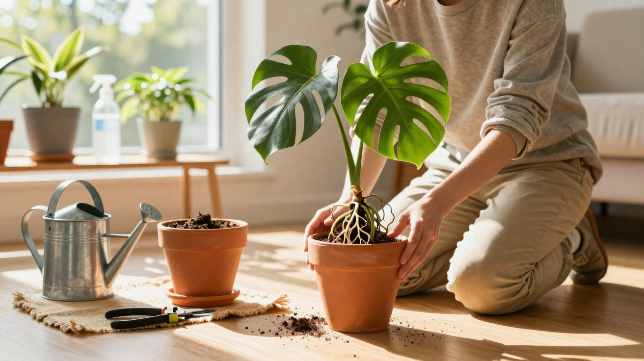 Pessoa a cuidar de plantas em vasos de barro junto a janela iluminada pelo sol.
