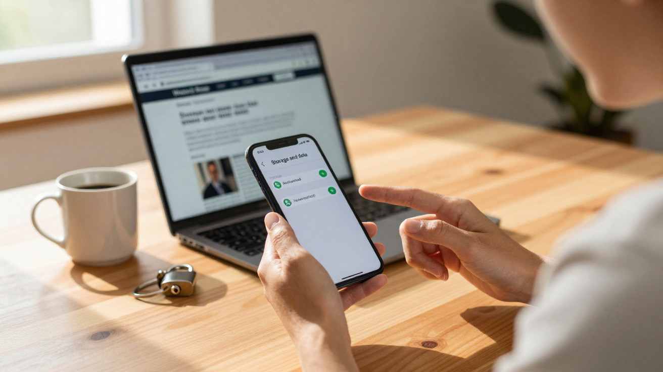 Pessoa a gerir definições de privacidade num smartphone, com computador portátil e cadeado numa mesa.