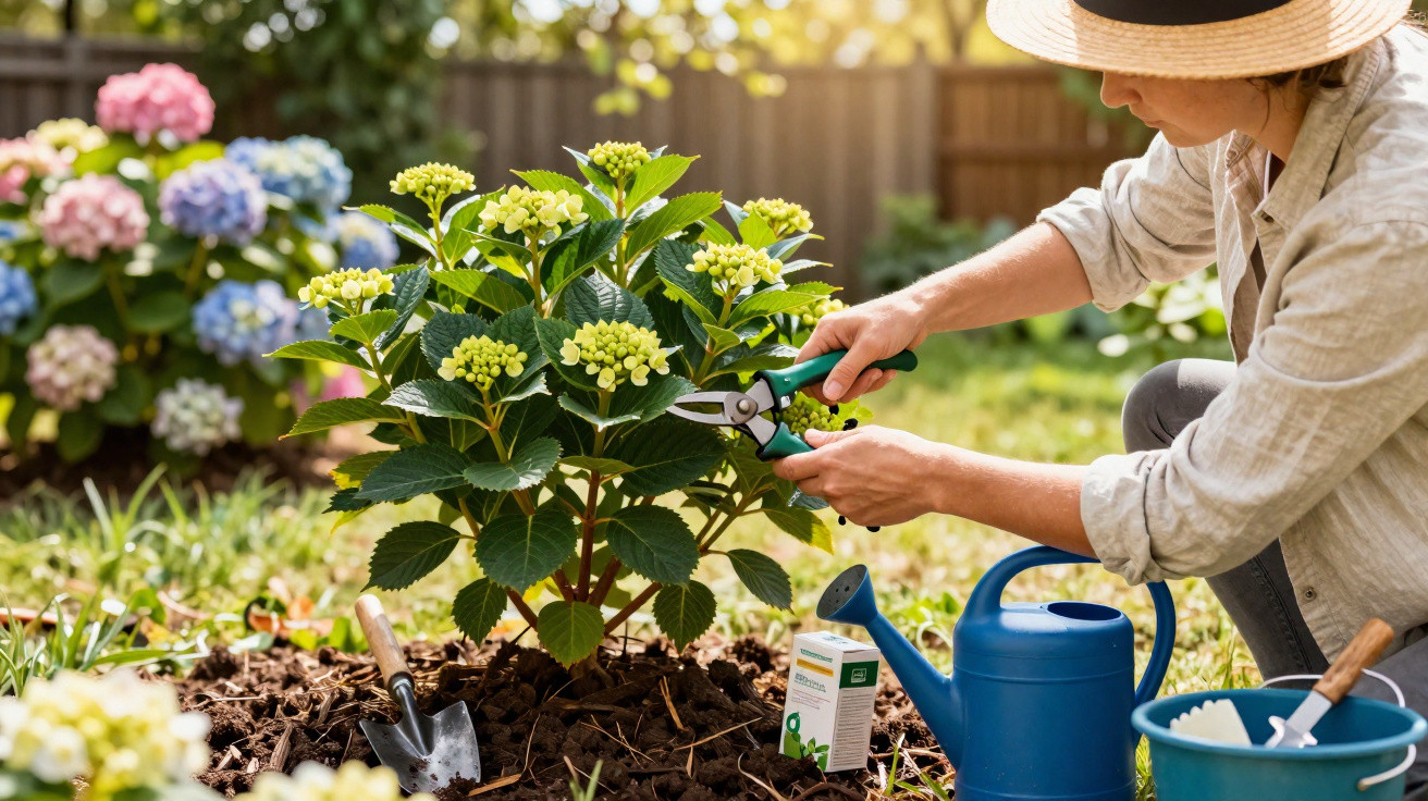 Homem a podar hortênsia verde num jardim com regadores azuis e luz solar.