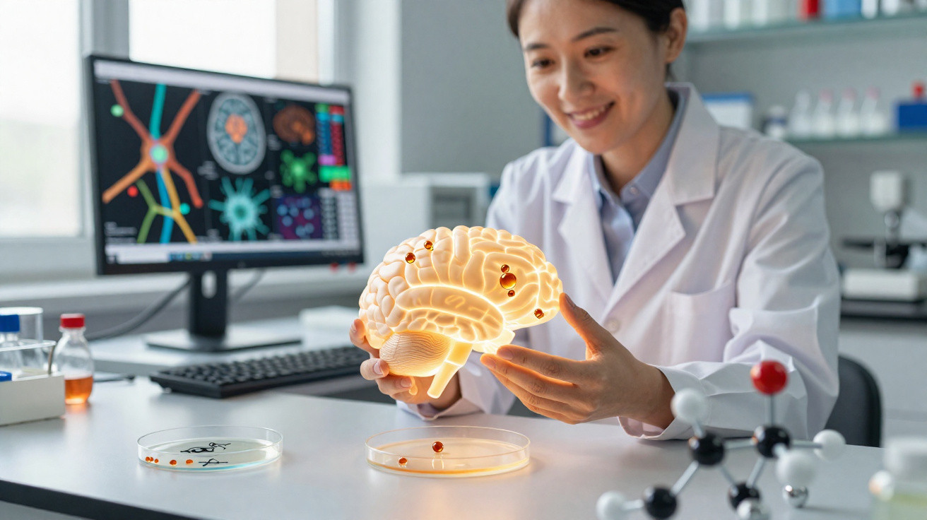 Cientista com bata branca segura modelo virtual iluminado do cérebro em laboratório de neurociência.