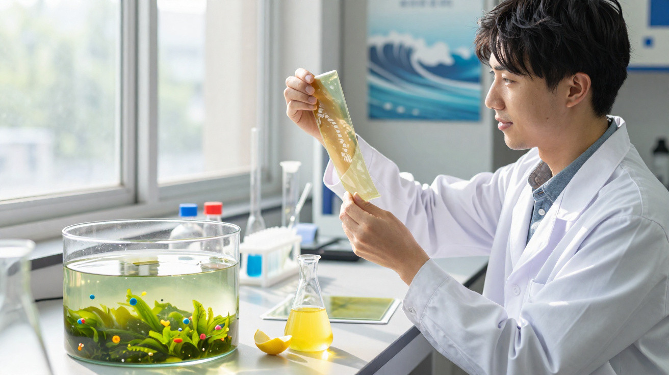 Cientista em laboratório analisa amostra verde transparente ao lado de frascos e limões cortados.