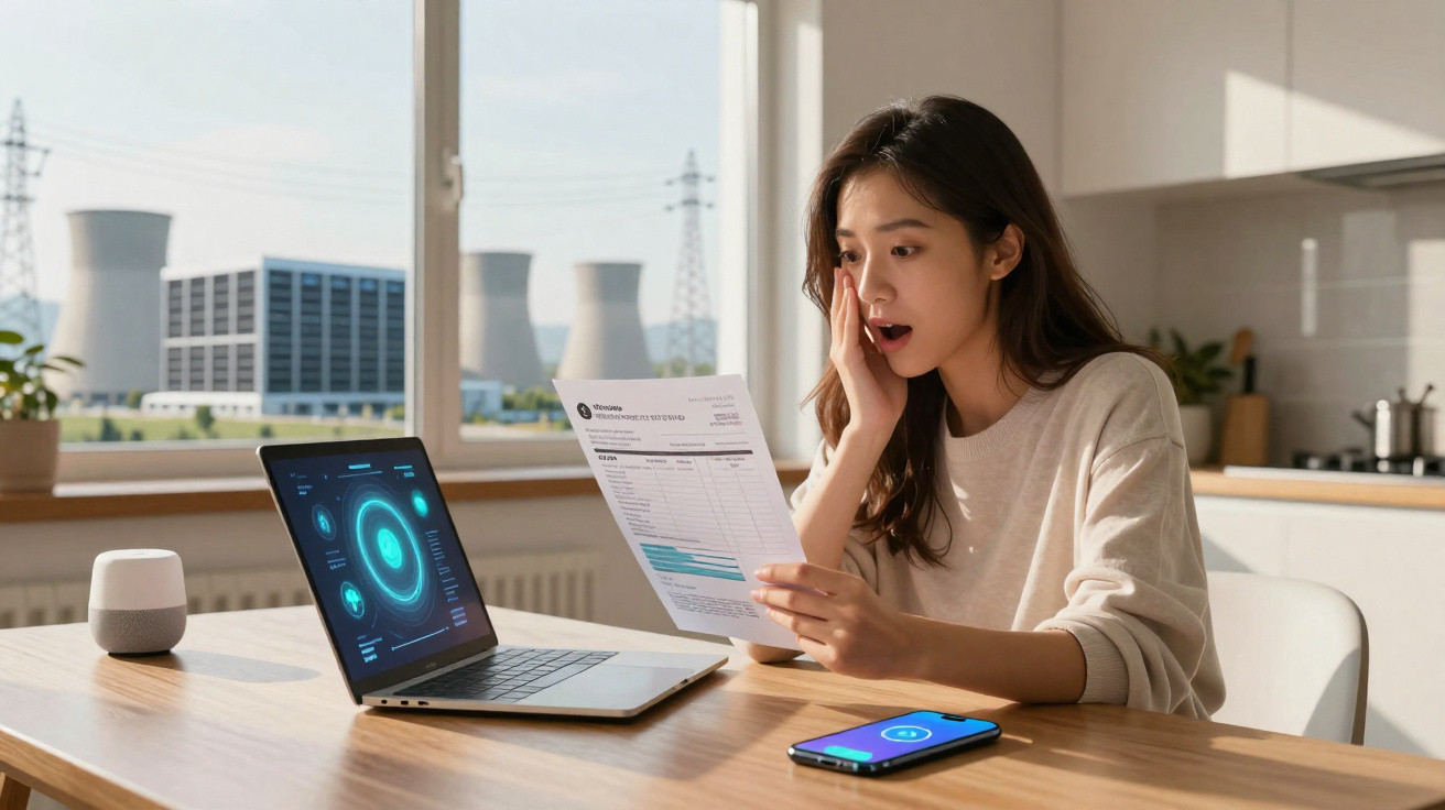 Mulher surpresa a olhar para fatura de energia numa cozinha moderna com computador e telemóvel na mesa.