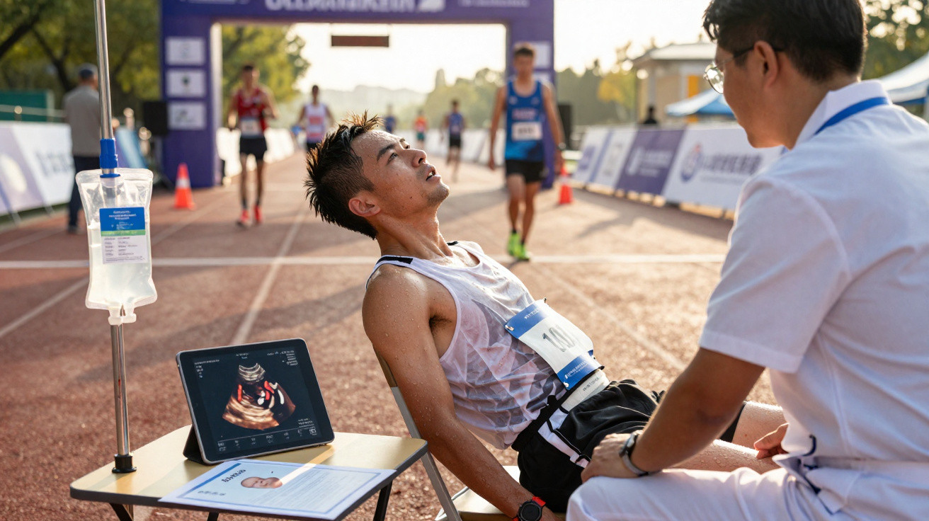 Atleta exausto sentado com assistência médica numa pista de atletismo durante uma prova ao ar livre.