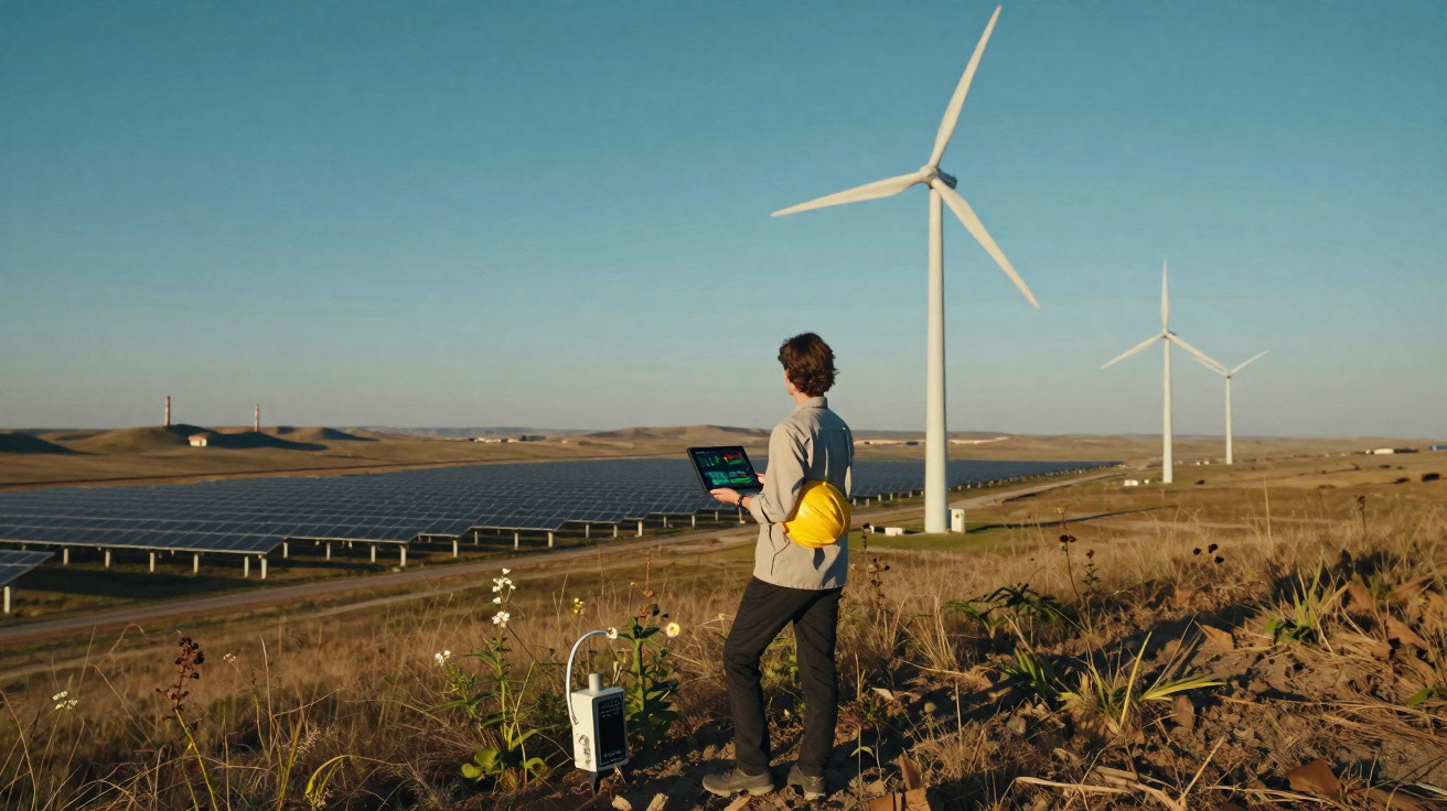 Pessoa com capacete amarelo e tablet observa painéis solares e turbinas eólicas num campo aberto.